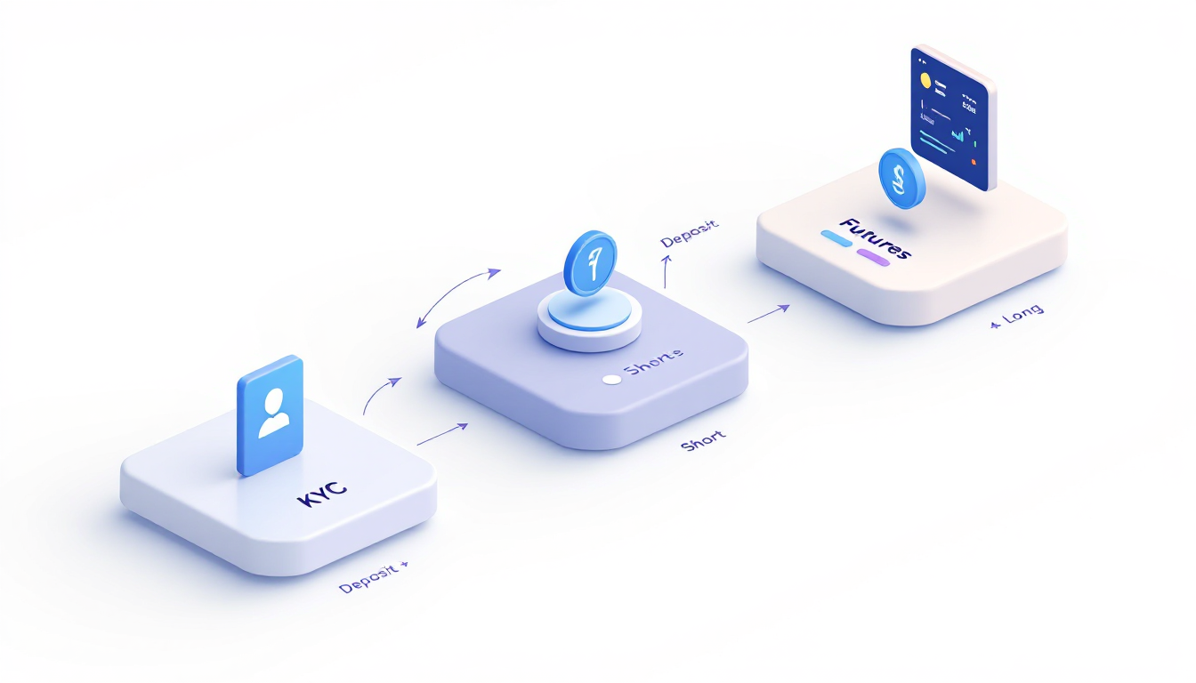 암호화폐 선물 거래 시작을 위한 4단계(본인인증, 코인 입금, 자산 이체, 포지션 진입)를 보여주는 알기 쉬운 인포그래픽 이미지.