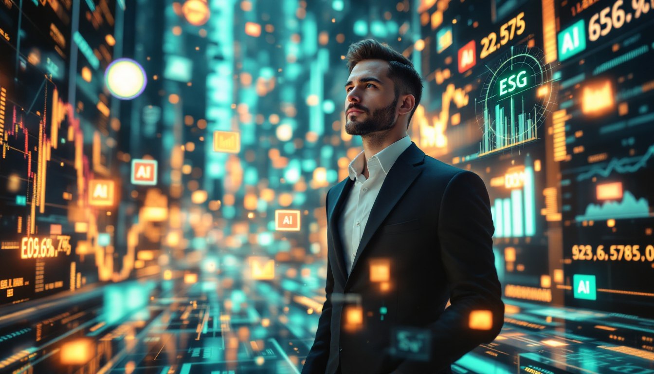 2025년의 복잡한 투자 환경 속에서 ESG, AI 등 최신 트렌드를 나타내는 나침반을 보며 현명하게 길을 찾는 투자자.