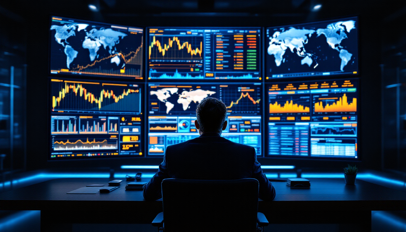 최첨단 사무실에서 금 가격과 관련된 여러 데이터 스크린을 분석하며 전략을 세우는 투자 전문가의 뒷모습