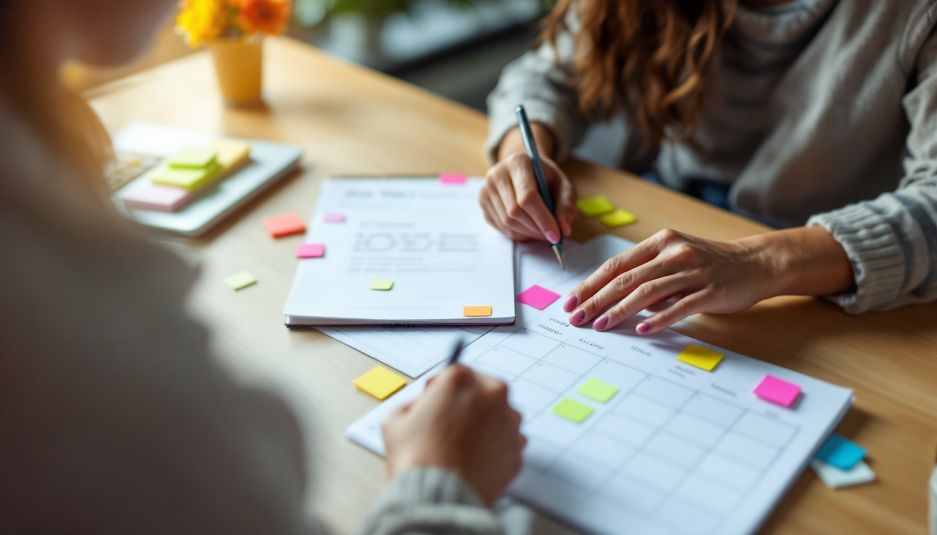 새해 목표를 달성하기 위해 책상에 앉아 체계적으로 계획을 세우는 사람의 모습.