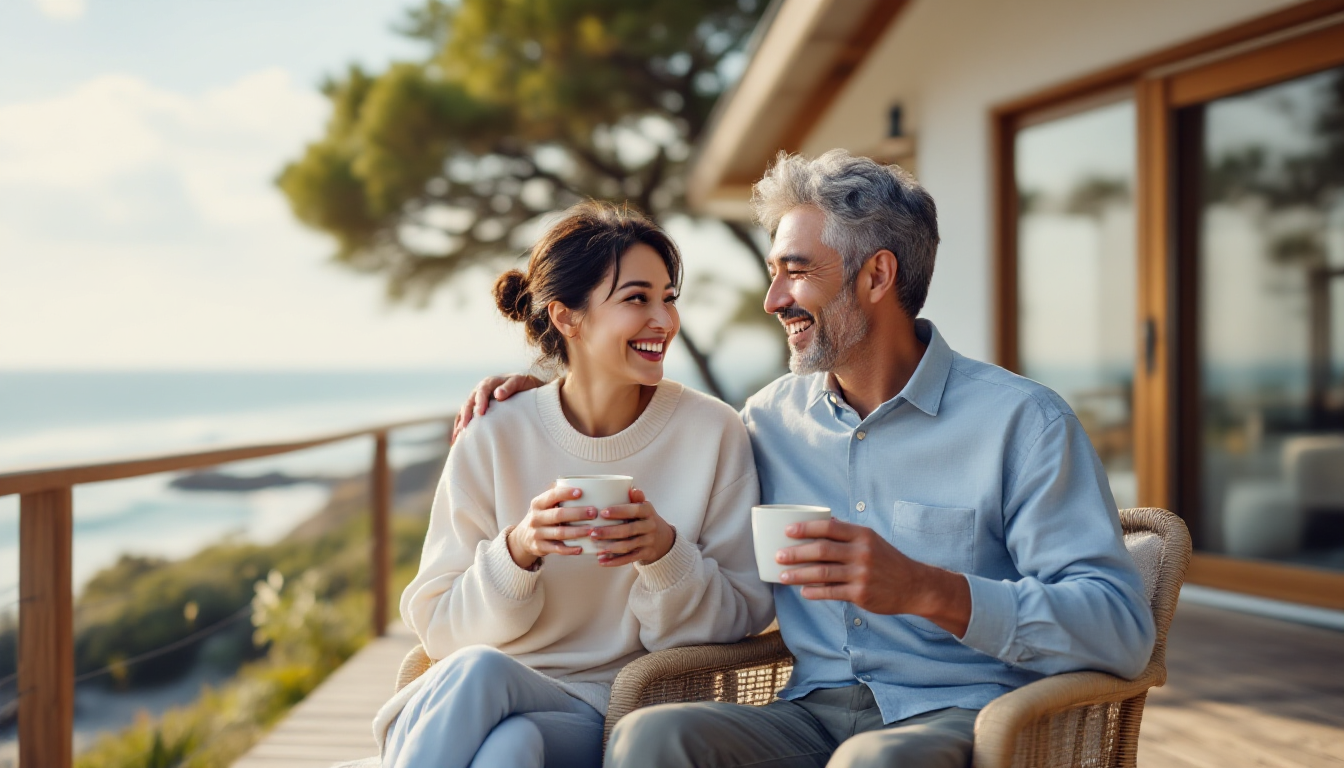 경제적 자유를 달성한 후 바다가 보이는 집에서 여유로운 시간을 보내는 40대 부부.