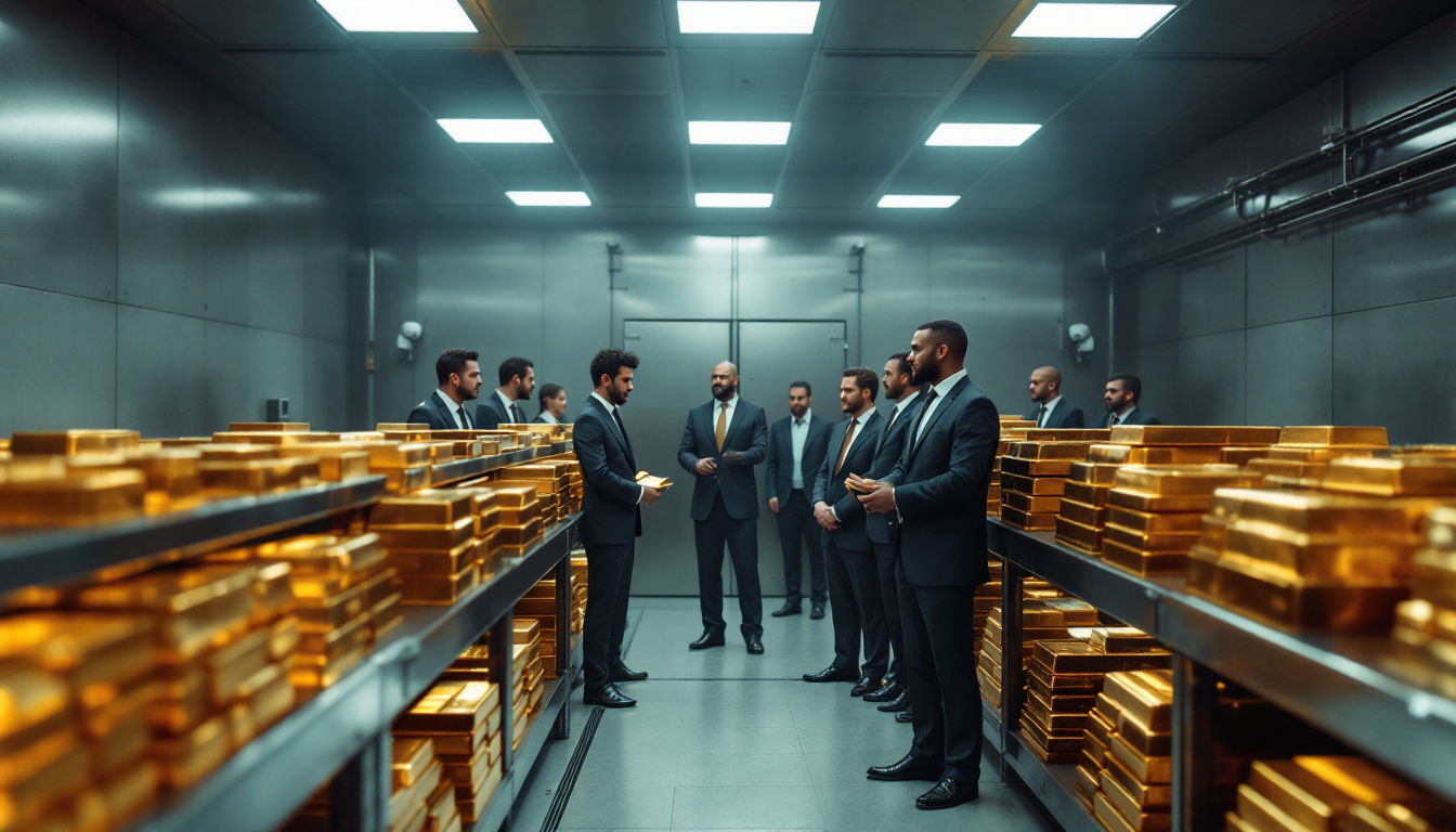 중앙은행 및 기관 투자자를 상징하는 전문가들이 은행 금고에서 금괴를 쌓고 있는 모습