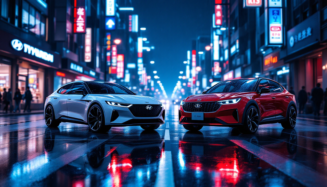 2025년형 아반떼 CN7과 기아 K3가 도시의 야경을 배경으로 마주보고 있는 모습