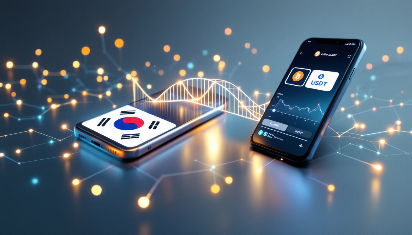 한국 거래소에서 해외 거래소로 안전하게 자금이 이체되는 과정을 상징하는 디지털 다리 이미지.