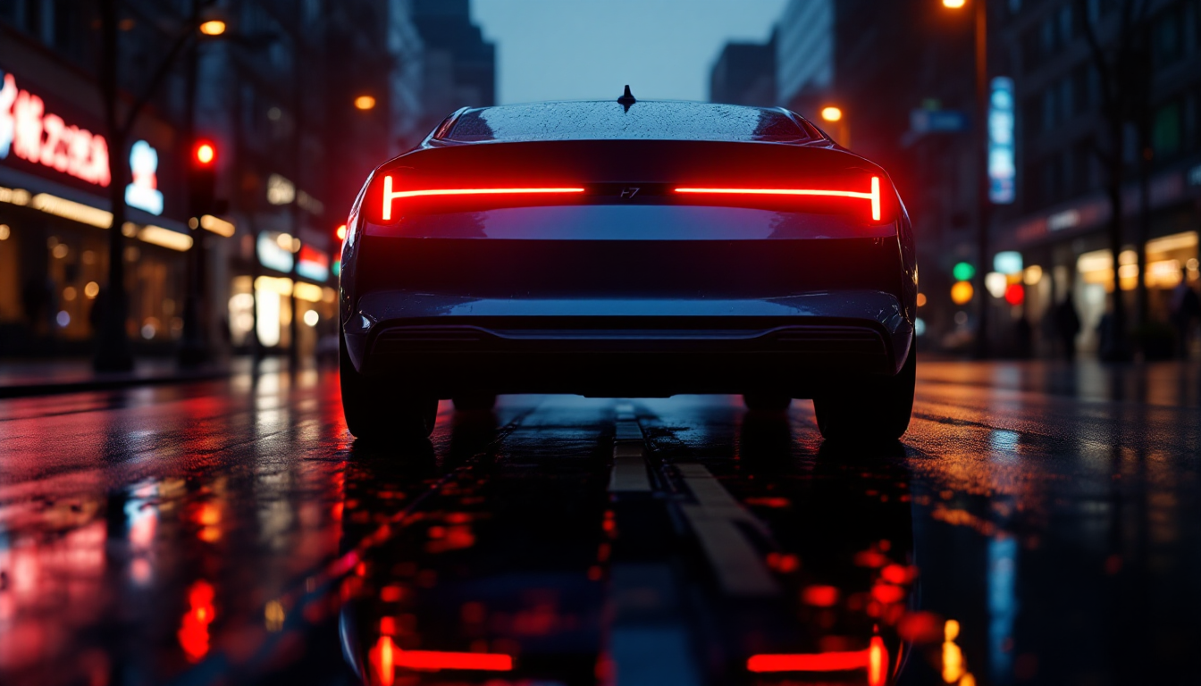 비에 젖은 도시의 밤거리에 서 있는 2025 아반떼 CN7의 H-테일램프