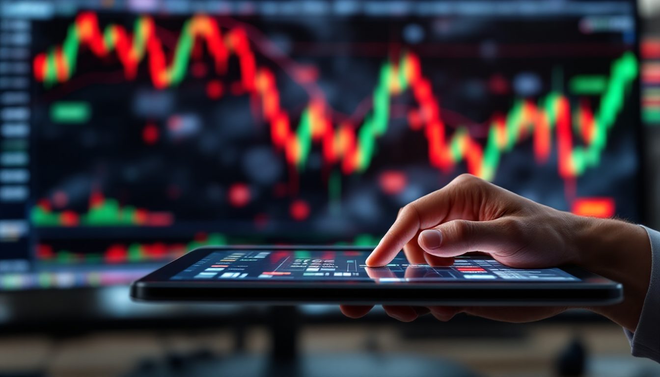 혼란스러운 시장 차트를 배경으로, 한 투자자가 태블릿 화면에서 침착하게 손절매(Stop-Loss) 주문을 설정하며 위험을 관리하는 모습.