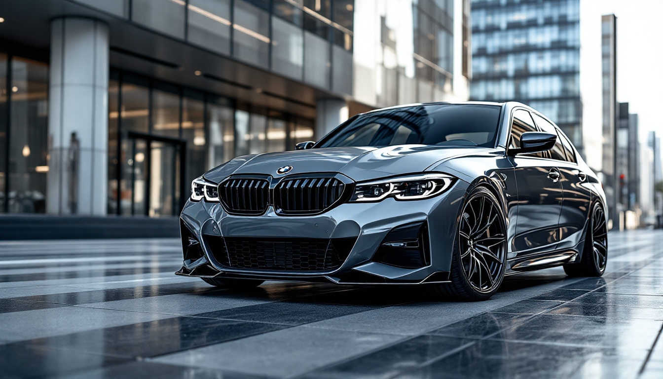 현대적인 도시 배경 속 BMW 320d M스포츠의 스포티한 외관 디자인.