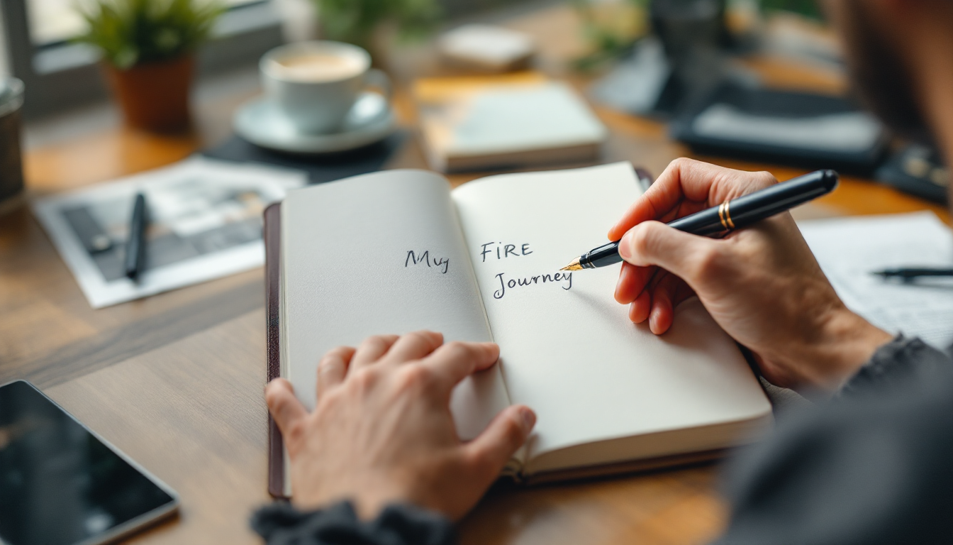 '나의 FIRE 여정'이라고 쓰인 새 노트에 펜으로 첫 글자를 쓰려는 손의 클로즈업 이미지.