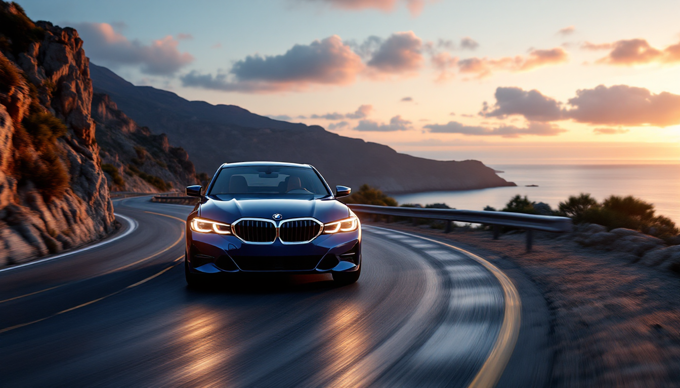 해안 도로를 역동적으로 주행하는 최신 2025년형 BMW 320d