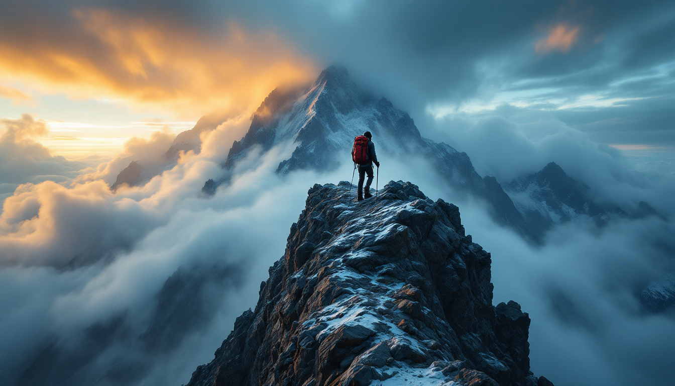 '부자가 되는 것'이라는 험난한 등반 후, '부자로 남는 것'이라는 더 위험하고 좁은 능선을 건너는 등산객의 모습.