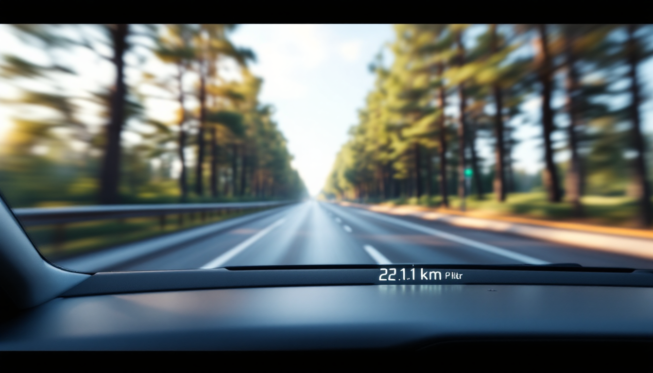 자동차 계기판에 21.1km/L 라는 높은 연비가 표시되어 있는 모습