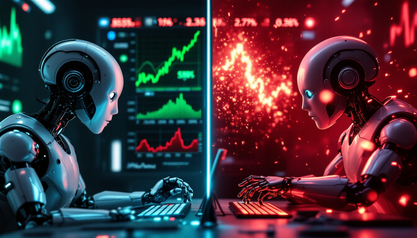 안정적인 시장과 급락하는 시장 속 자동매매 봇의 장점과 단점을 대비시켜 보여주는 이미지