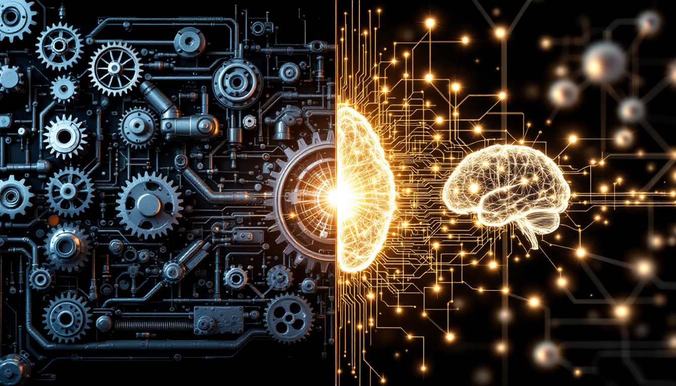 전통적 자동화의 기계적 톱니바퀴와 AI 자동화의 유연한 신경망을 나란히 비교하는 이미지