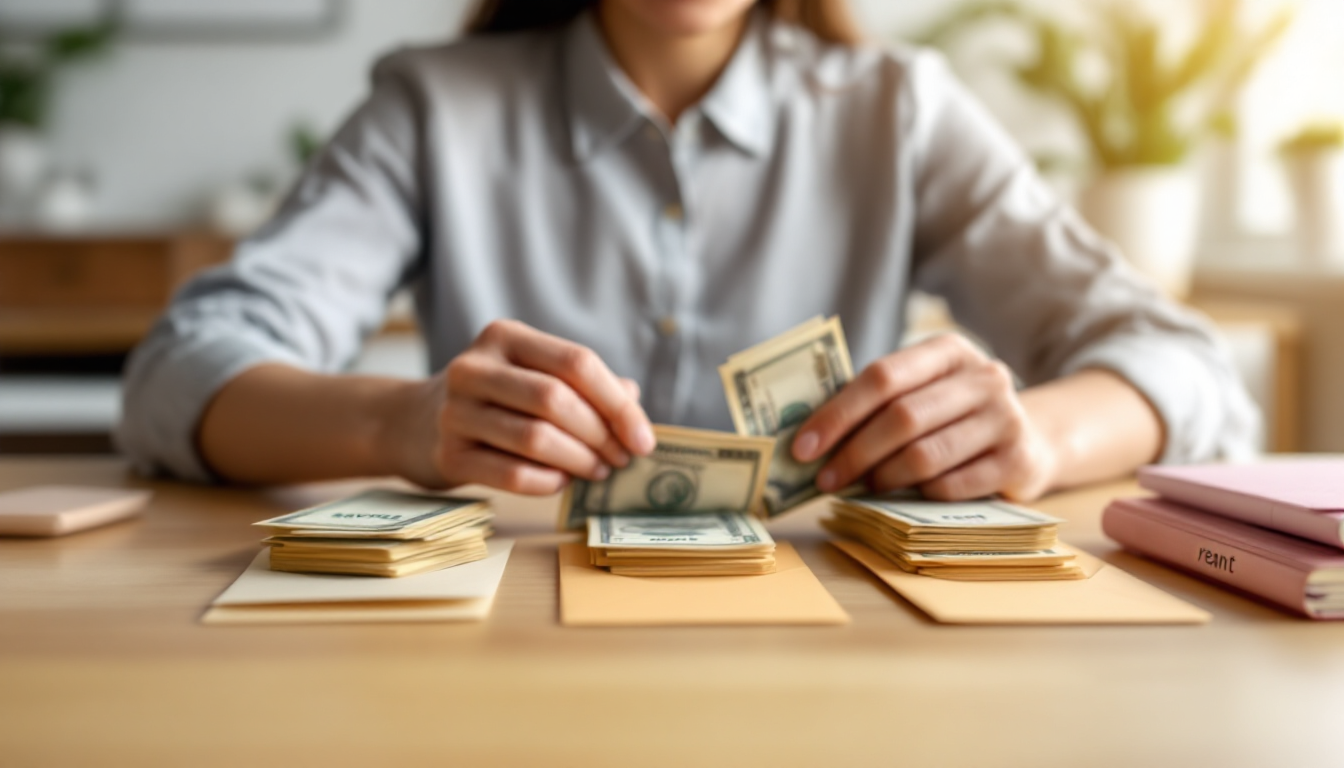 '저축', '생활비' 등 목적에 따라 현금을 봉투에 나눠 담으며 체계적으로 지출을 통제하는 모습.