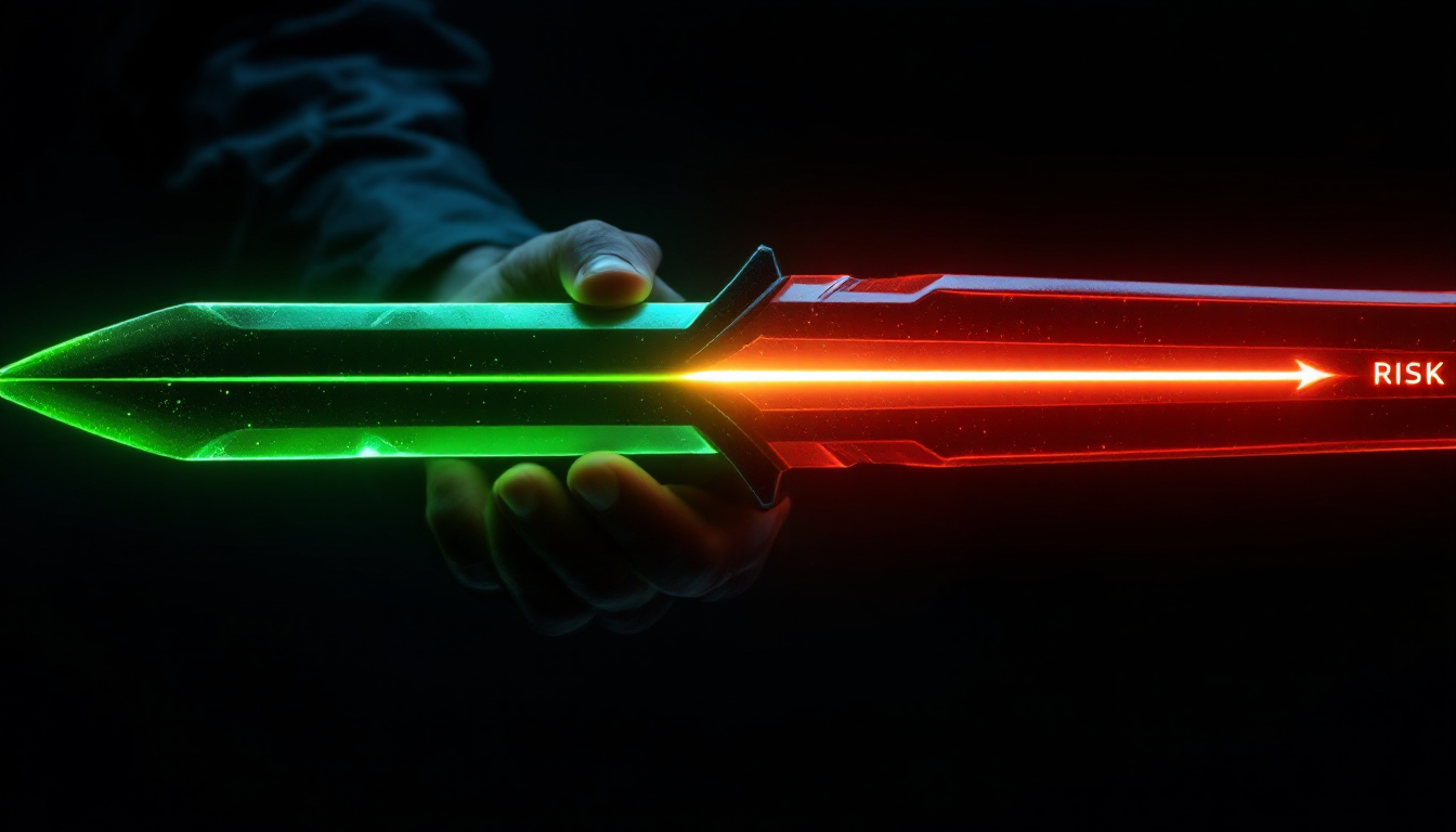 한쪽은 녹색 상승 화살표, 다른 쪽은 붉은색 하락 화살표로 빛나는 양날의 검으로, 레버리지의 수익과 위험을 표현.