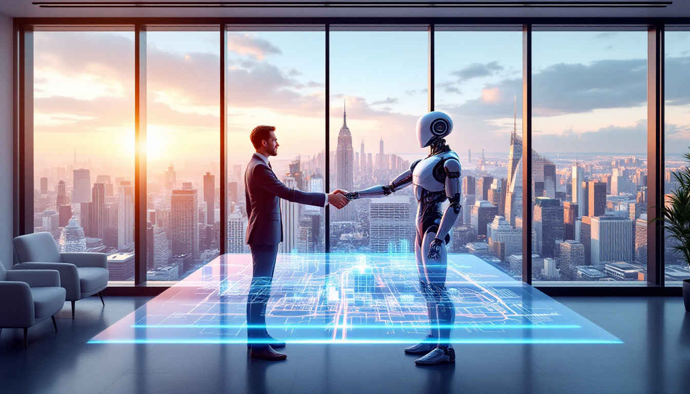 인간 전문가와 AI 로봇이 협력하여 미래 도시의 부동산을 분석하는 모습, 인간과 AI의 조화를 상징