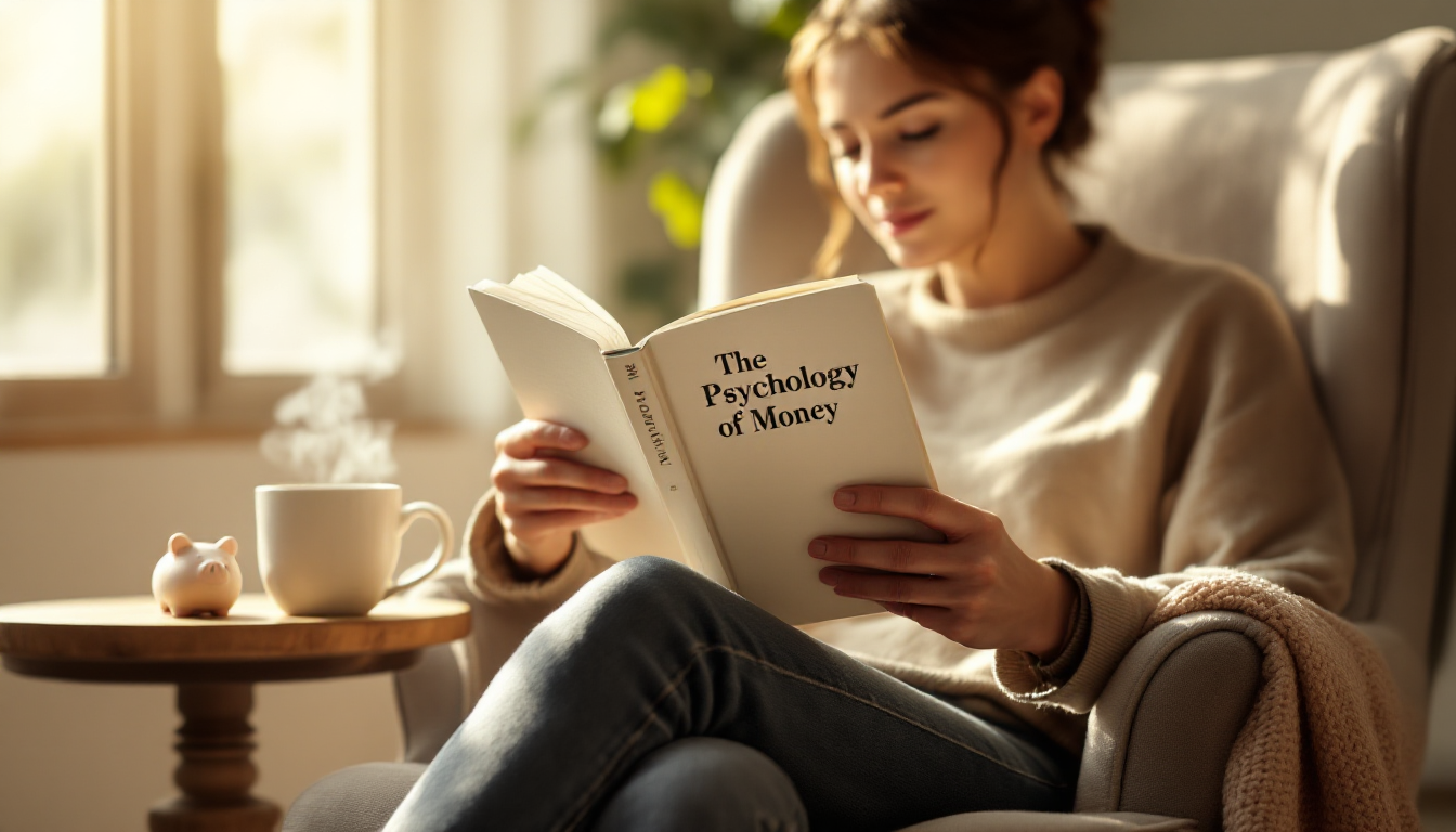 편안한 공간에서 '돈의 심리학' 책을 읽으며 사색에 잠긴 모습. 이 책이 주는 마음가짐의 변화를 상징하는 이미지.