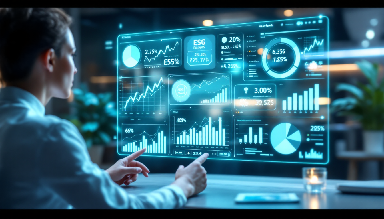 주식, 채권, 부동산 등 다양한 자산에 분산 투자된 포트폴리오를 보여주는 미래적인 디지털 대시보드.