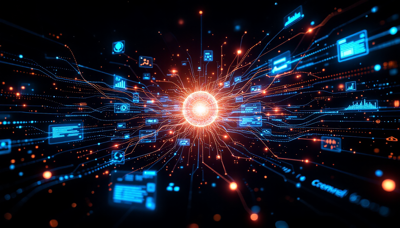 AI가 텍스트, 이미지 등 다양한 데이터를 분석하여 인사이트를 도출하는 과정을 시각화한 이미지