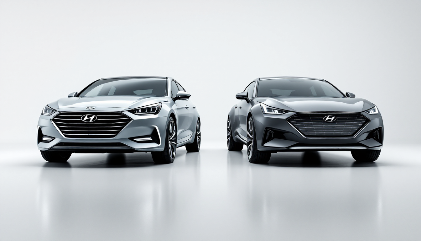 이전 세대 아반떼 AD와 최신 아반떼 CN7 모델이 나란히 서서 디자인 변화를 보여주는 이미지