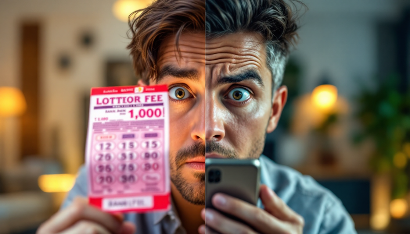 복권 당첨에는 희망을 걸면서도 작은 수수료에는 스트레스 받는 사람의 모습을 통해 비합리적인 금융 행동을 보여주는 이미지.