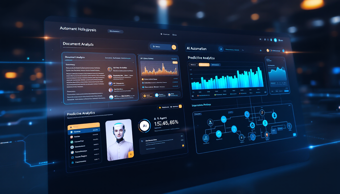 AI 자동화 기술의 네 가지 유형을 보여주는 미래형 홀로그램 대시보드