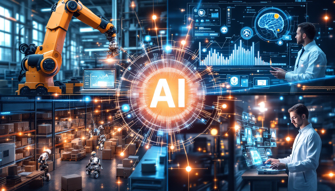 AI가 제조업, 금융, 리테일, 헬스케어 등 다양한 산업을 혁신하는 성공 사례를 보여주는 이미지