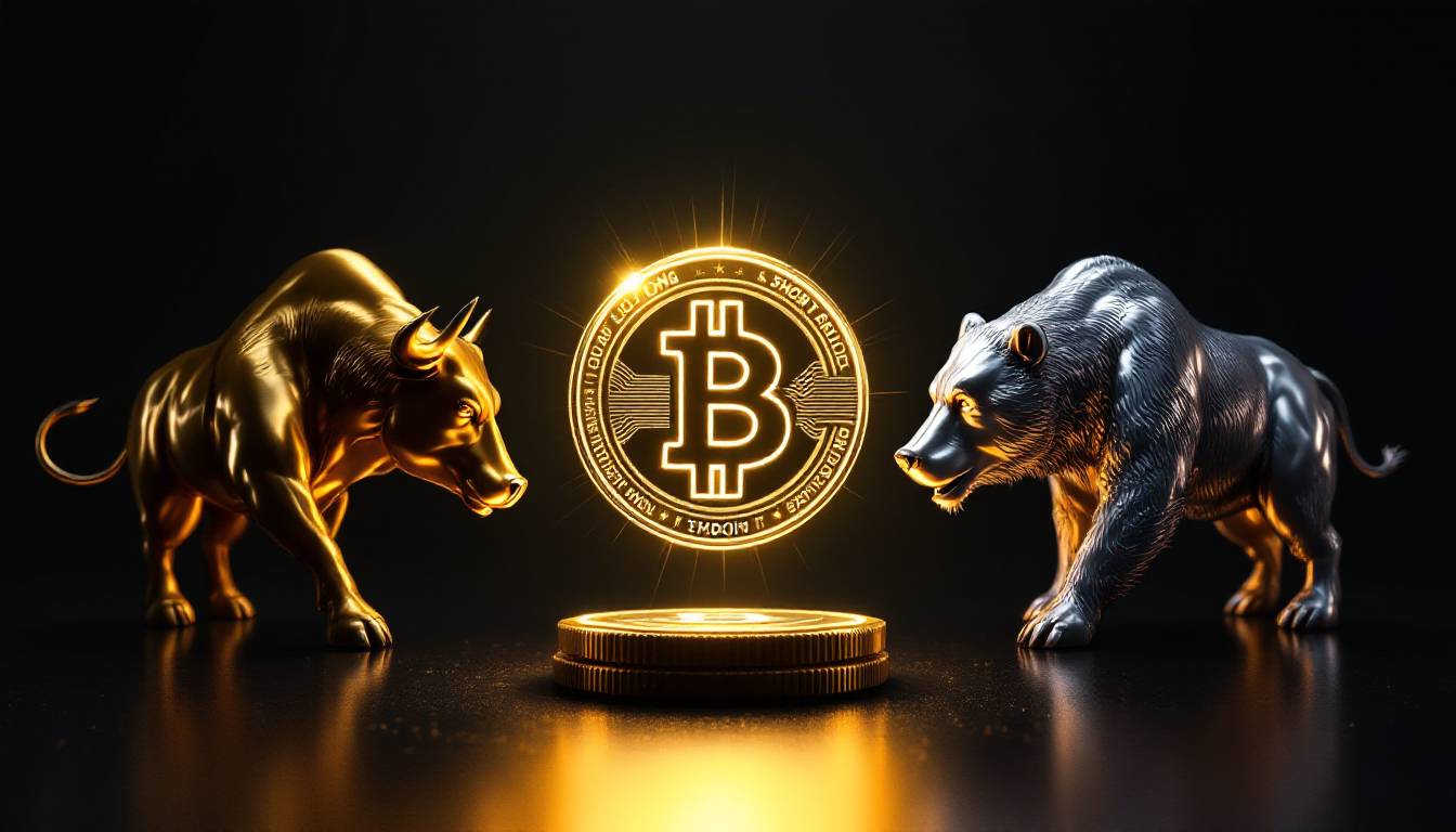 상승을 상징하는 황소와 하락을 상징하는 곰이 암호화폐를 가운데 두고 마주보는 이미지로, 롱 포지션과 숏 포지션을 설명.