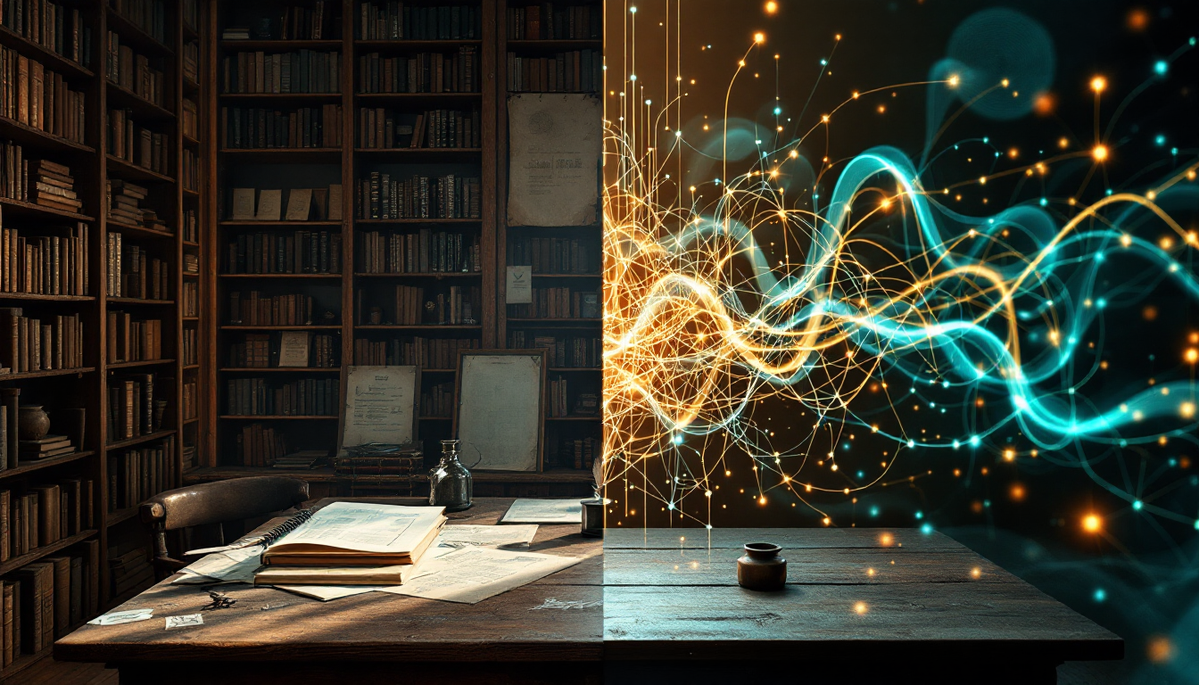 전통적인 통계 방식과 인공지능 신경망을 비교하는 이미지