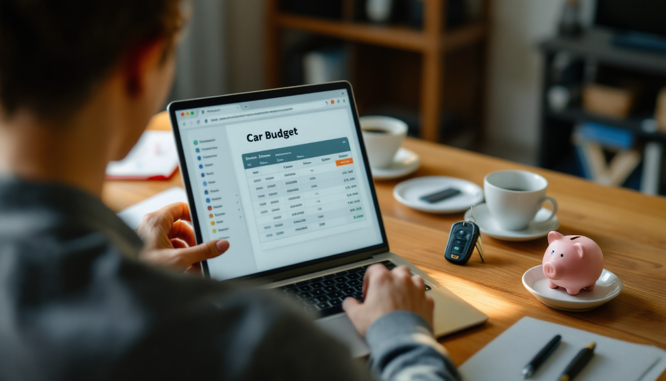 한 사회 초년생이 책상에 앉아 노트북으로 자동차 구매 예산을 계획하고 있는 모습
