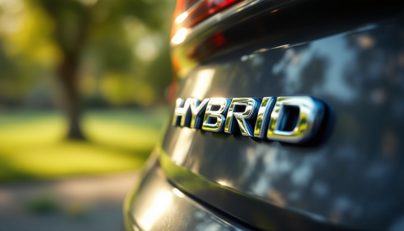 친환경적인 공원을 배경으로 한 2025 아반떼 하이브리드 모델의 엠블럼