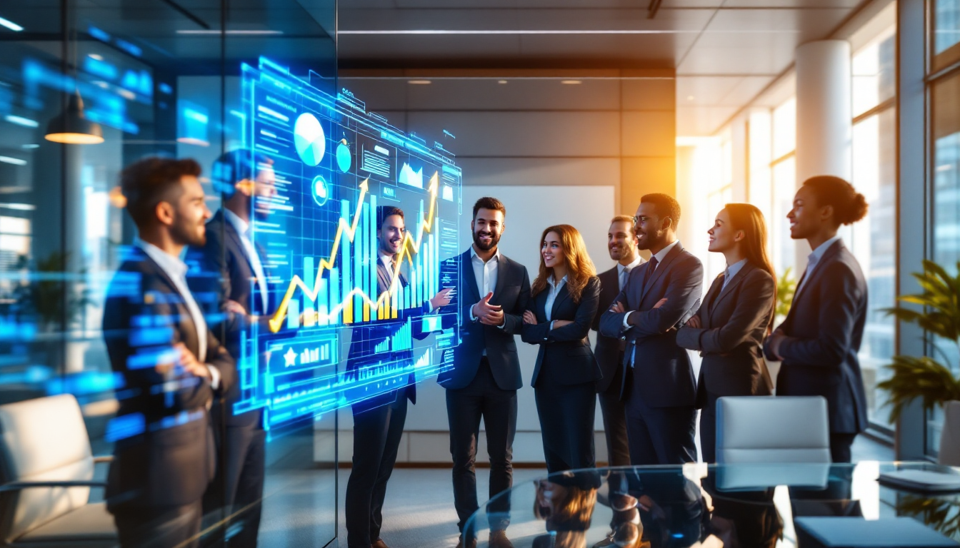 AI 시대의 비즈니스 전략을 상징하는 미래적인 회의실 풍경