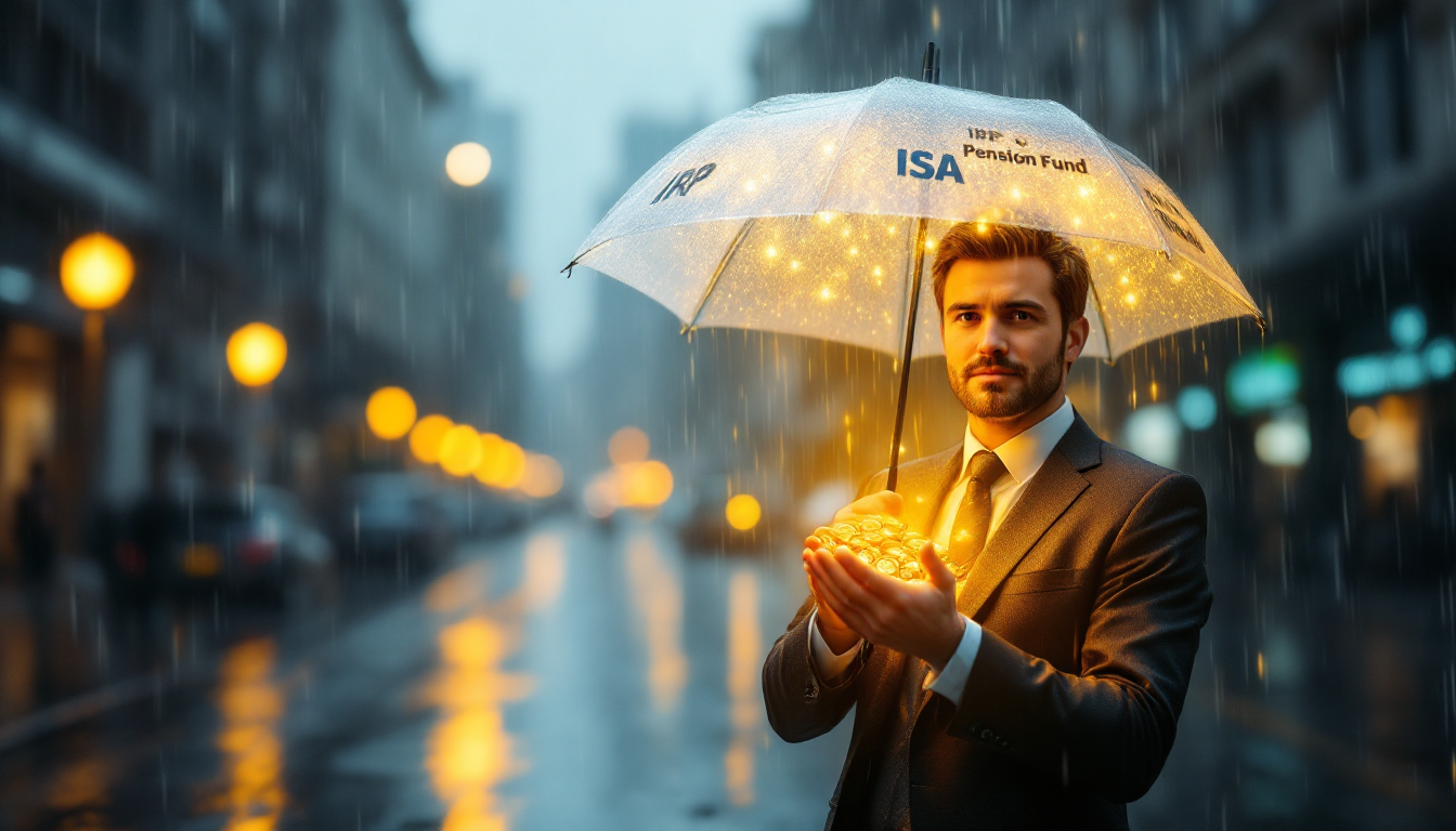 IRP, ISA 등 절세 계좌를 상징하는 우산이 세금이라는 비로부터 자산을 보호하는 모습.