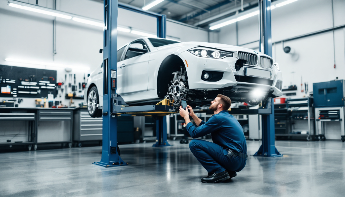 전문 정비소에서 점검을 받고 있는 BMW 320d