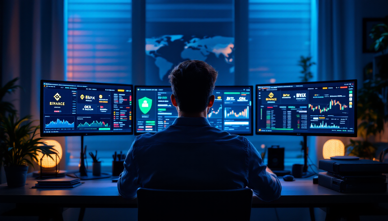 여러 모니터를 보며 자신에게 맞는 암호화폐 선물 거래소를 신중하게 선택하고 있는 투자자의 모습. 모니터에는 보안을 상징하는 아이콘과 여러 거래소 로고가 보인다.