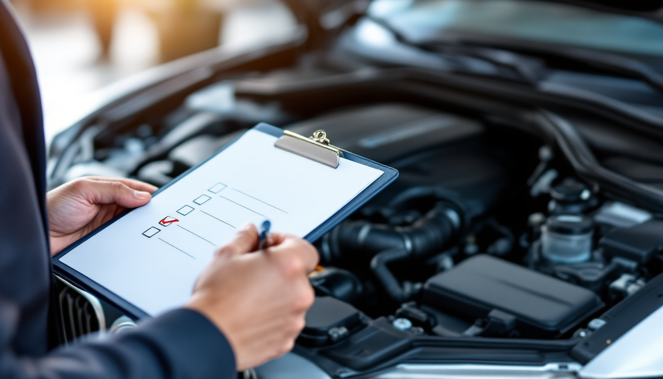 중고 BMW 320d의 엔진룸을 체크리스트와 함께 꼼꼼히 확인하는 모습