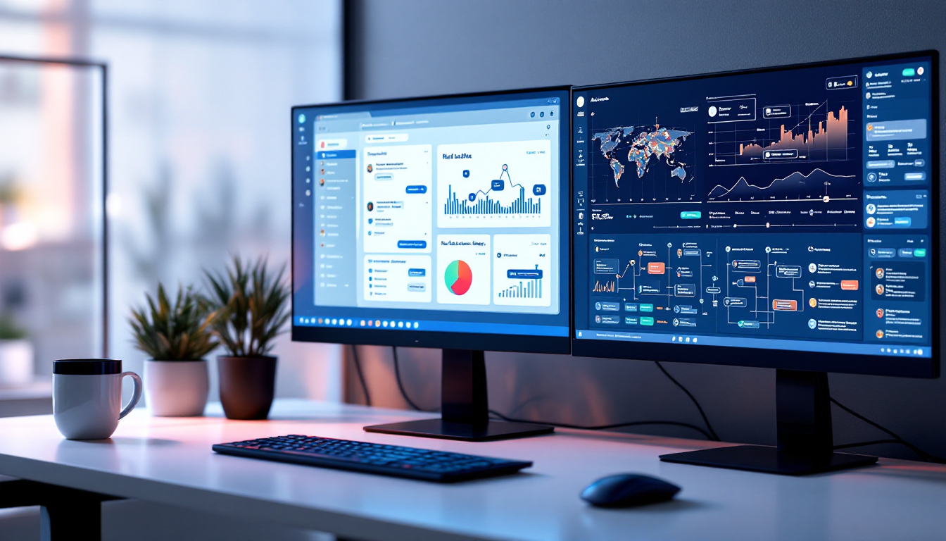 다양한 AI 부동산 예측 도구인 챗봇, 데이터 대시보드, 자동화 툴을 비교하는 전문가의 책상