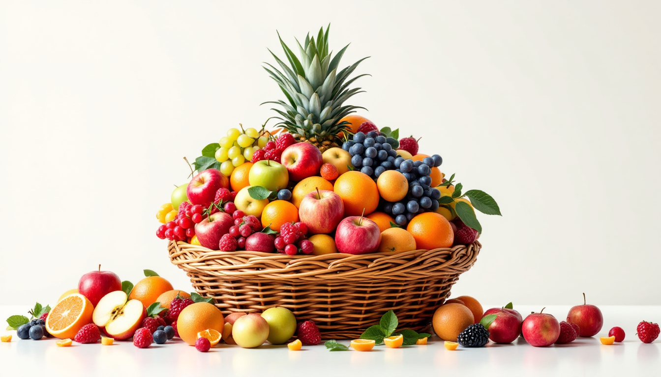 다양한 과일이 담긴 과일 바구니와 개별 과일들을 나란히 보여주며 분산 투자의 개념을 설명하는 ETF 비유 이미지.
