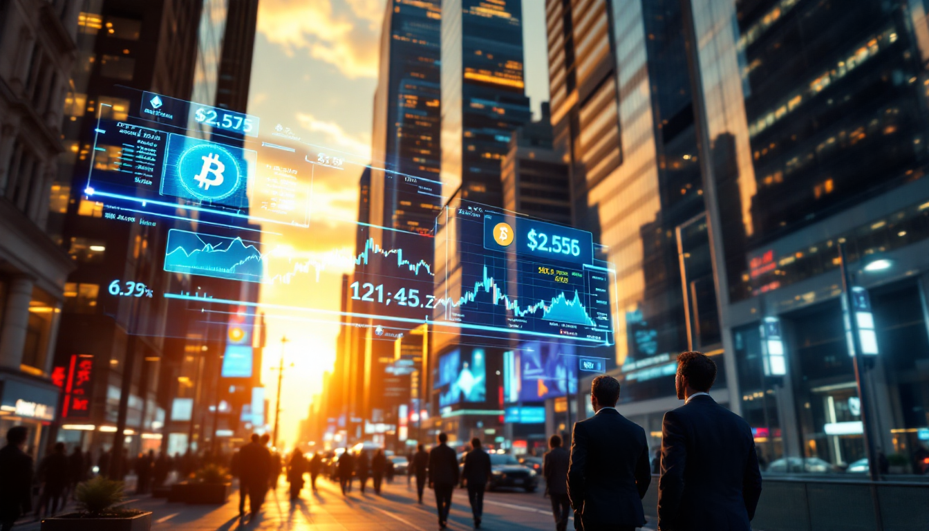 월스트리트와 같은 금융 중심지에 암호화폐 데이터가 홀로그램으로 표시되어, 전통 금융과 암호화폐 시장의 결합을 상징하는 이미지.