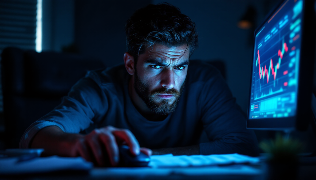 급락하는 주식 차트를 보며 감정적으로 투자 결정을 내리려 고민하는 투자자의 모습.