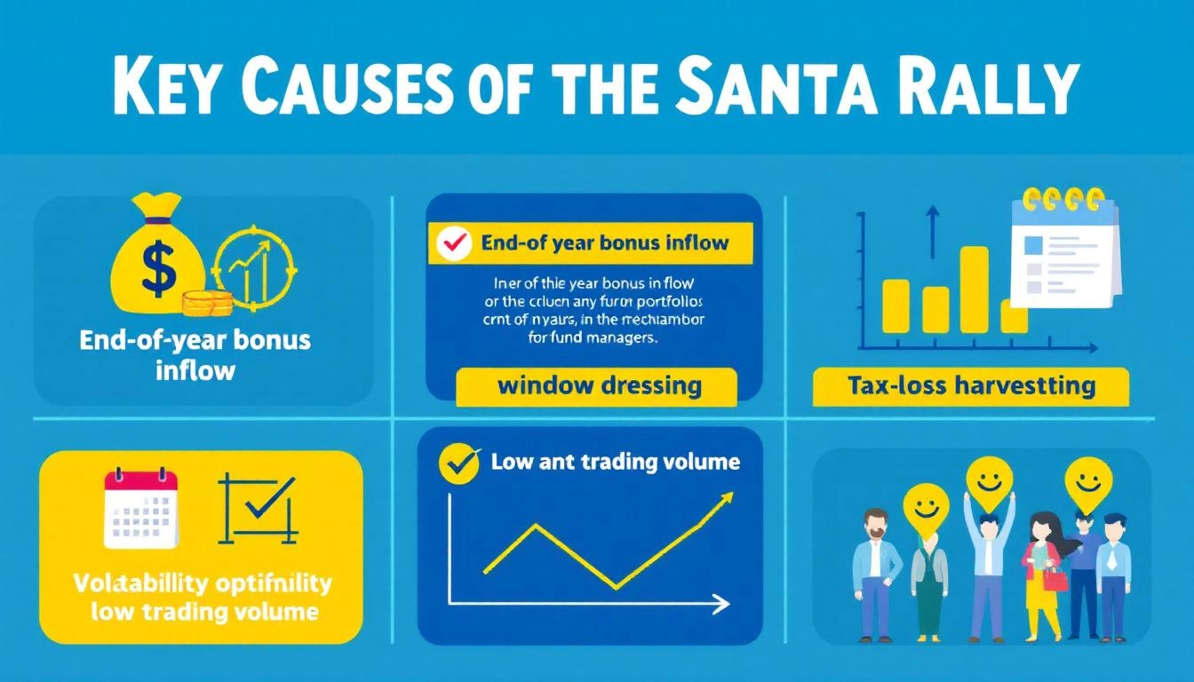 산타랠리 발생 주요 원인들을 시각적으로 표현한 인포그래픽 이미지