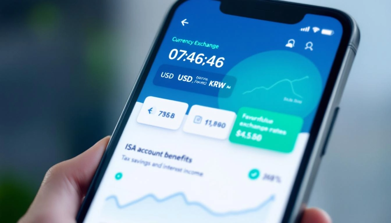 모바일 환전 화면과 환율 우대, ISA 절세 혜택 강조 이미지