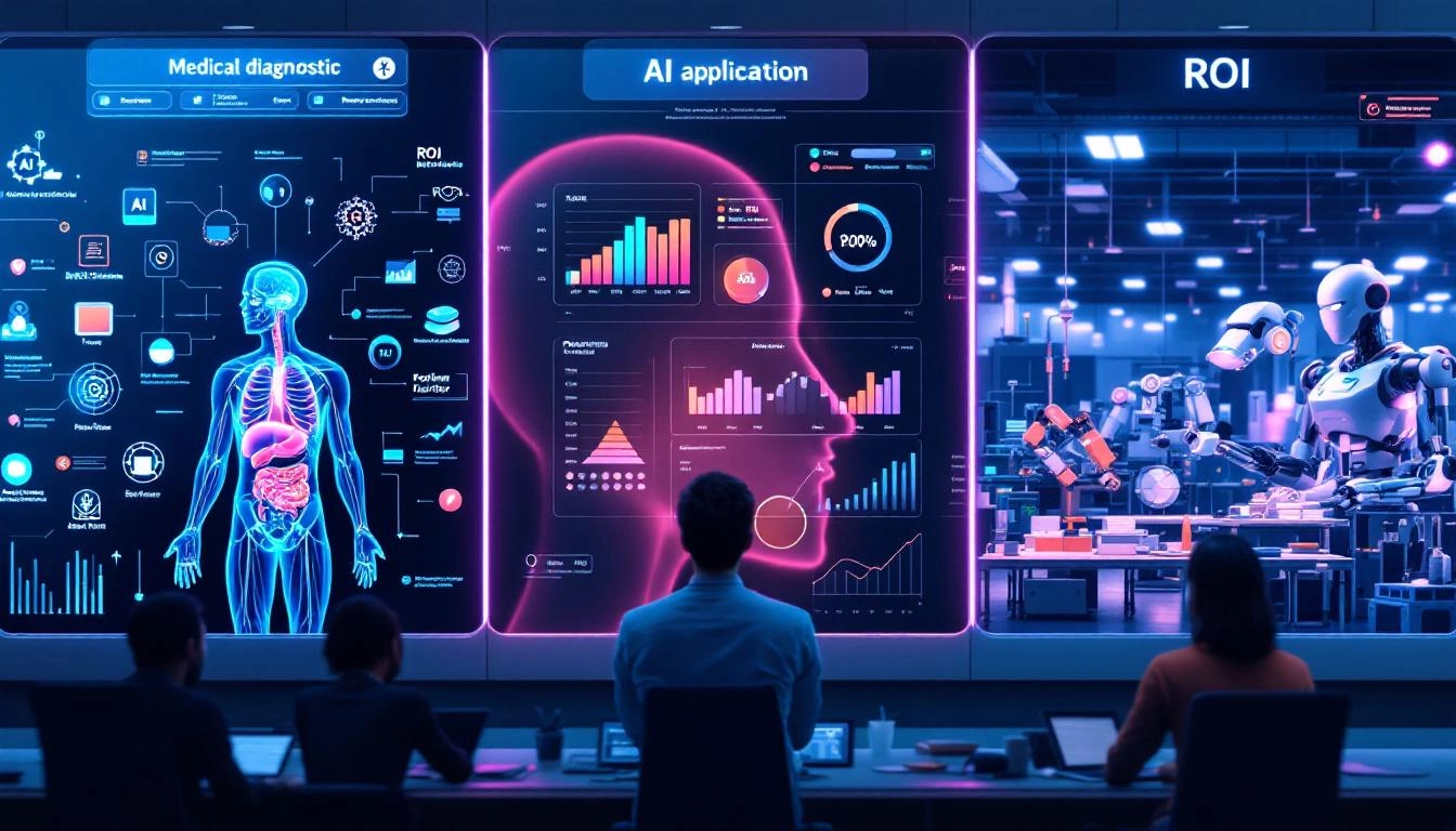 의료, 금융, 제조업 분야에서 AI가 도입되어 ROI가 측정되는 장면