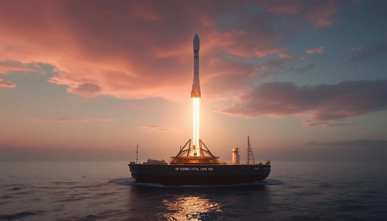 스페이스X 팰컨 9 로켓이 바다의 드론 쉽에 수직 착륙하는 모습의 재사용 기술 강조 이미지