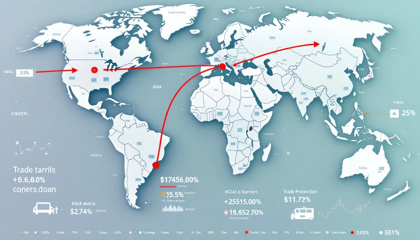 무역 관세와 보호무역주의 정책이 환율에 미치는 영향을 나타낸 미주 및 아시아 지도 이미지