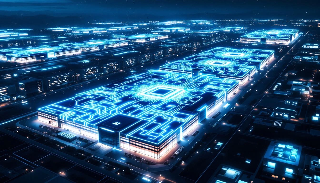 야간에 가동 중인 AI 반도체 메가 클러스터 공장 전경