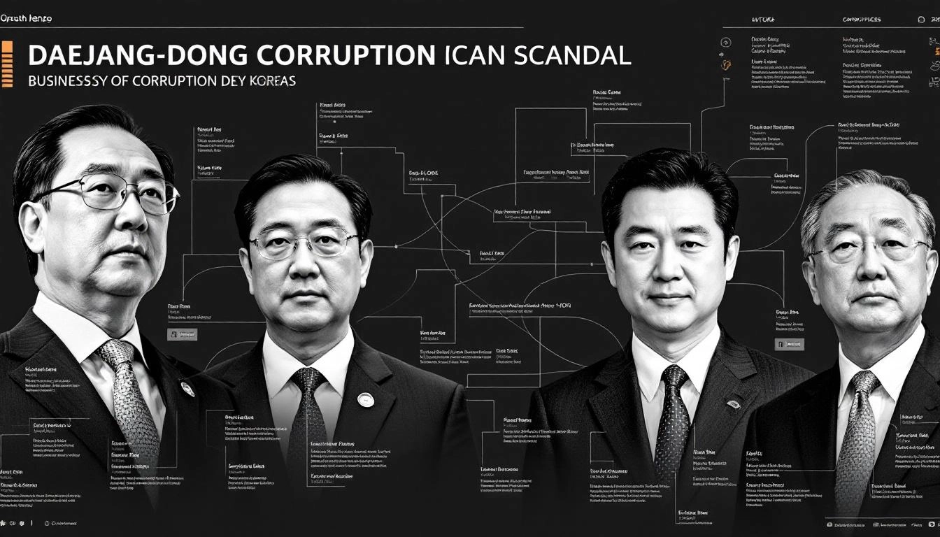 대장동 사건 주요 인물들의 인물 사진과 그들 간의 연관성을 보여주는 인포그래픽 배경