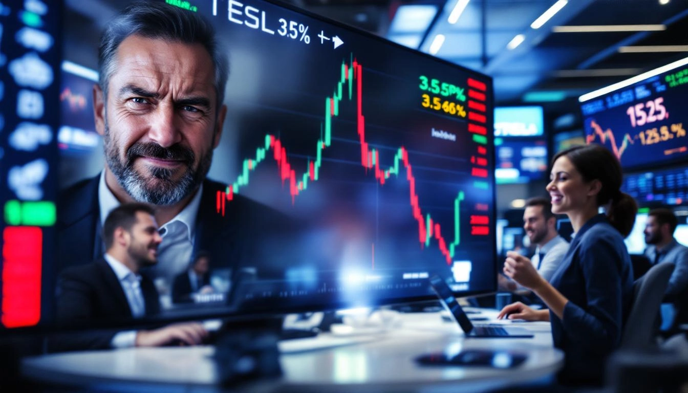테슬라 주가가 주주총회 직후 3.5% 하락한 상황과 투자자들의 상반된 반응을 표현한 이미지