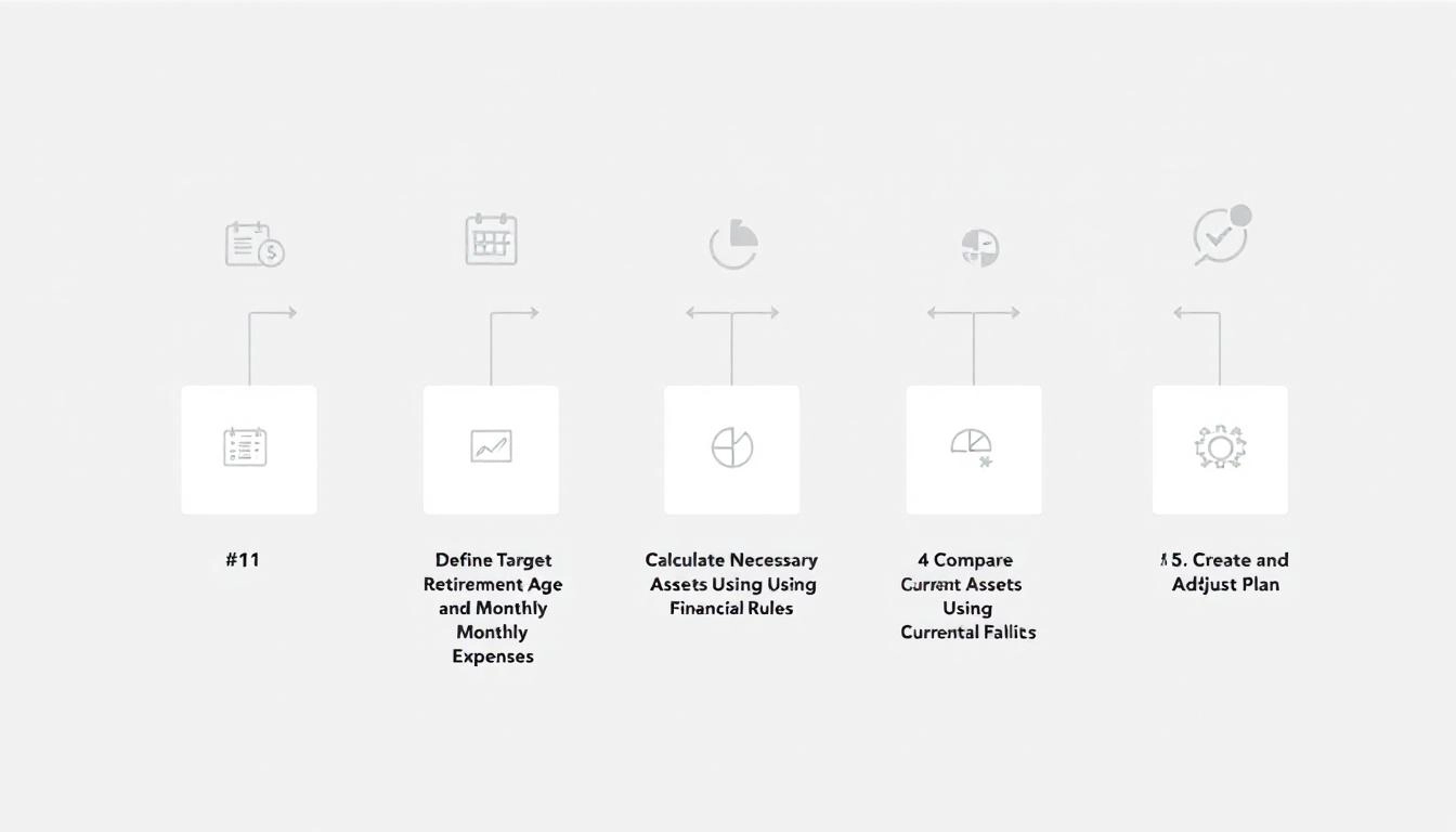 FIRE 계획 5단계 실행 가이드를 단계별로 나타낸 시각 자료, 목표 은퇴 나이와 생활비, 필요 자산 계산 등이 포함된 그래픽