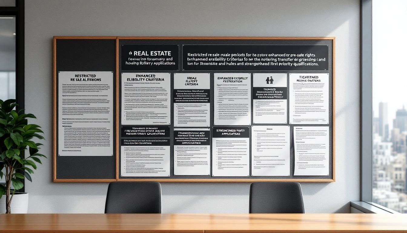 분양권 전매 제한 연장과 청약 1순위 자격 강화 안내가 게시된 부동산 사무실의 게시판